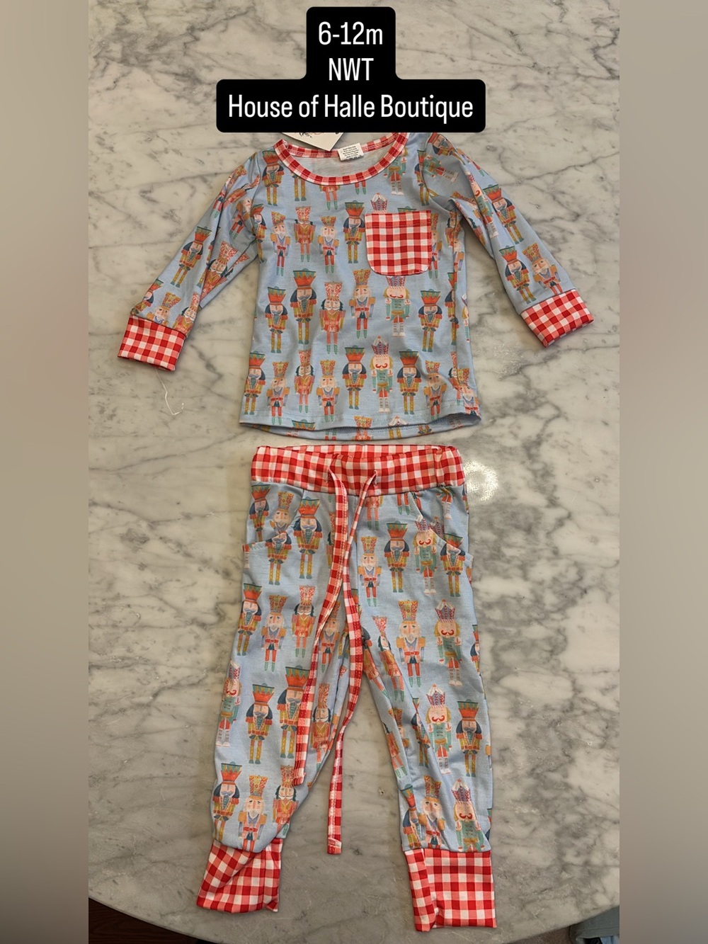 Light Blue Nutcracker Print Kids Pajama Set with Red Gingham Trim